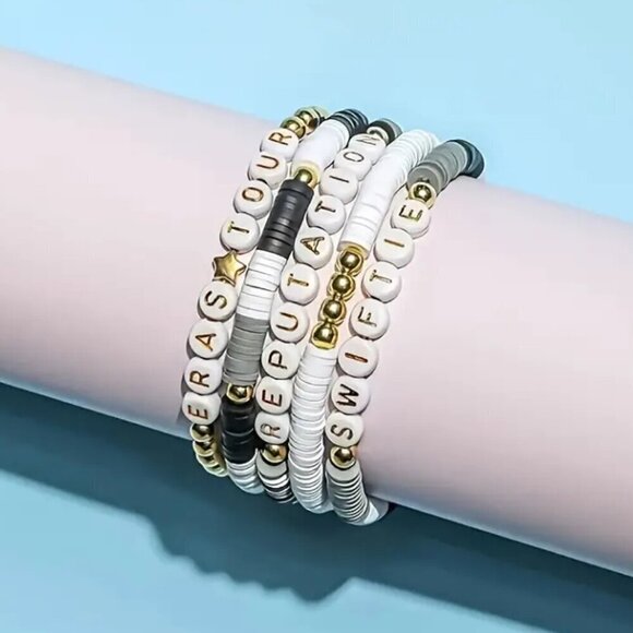 NWT Swiftie Friendship Bracelets White, Gray, Black and Gold 5 piece set Lover - Picture 2 of 6